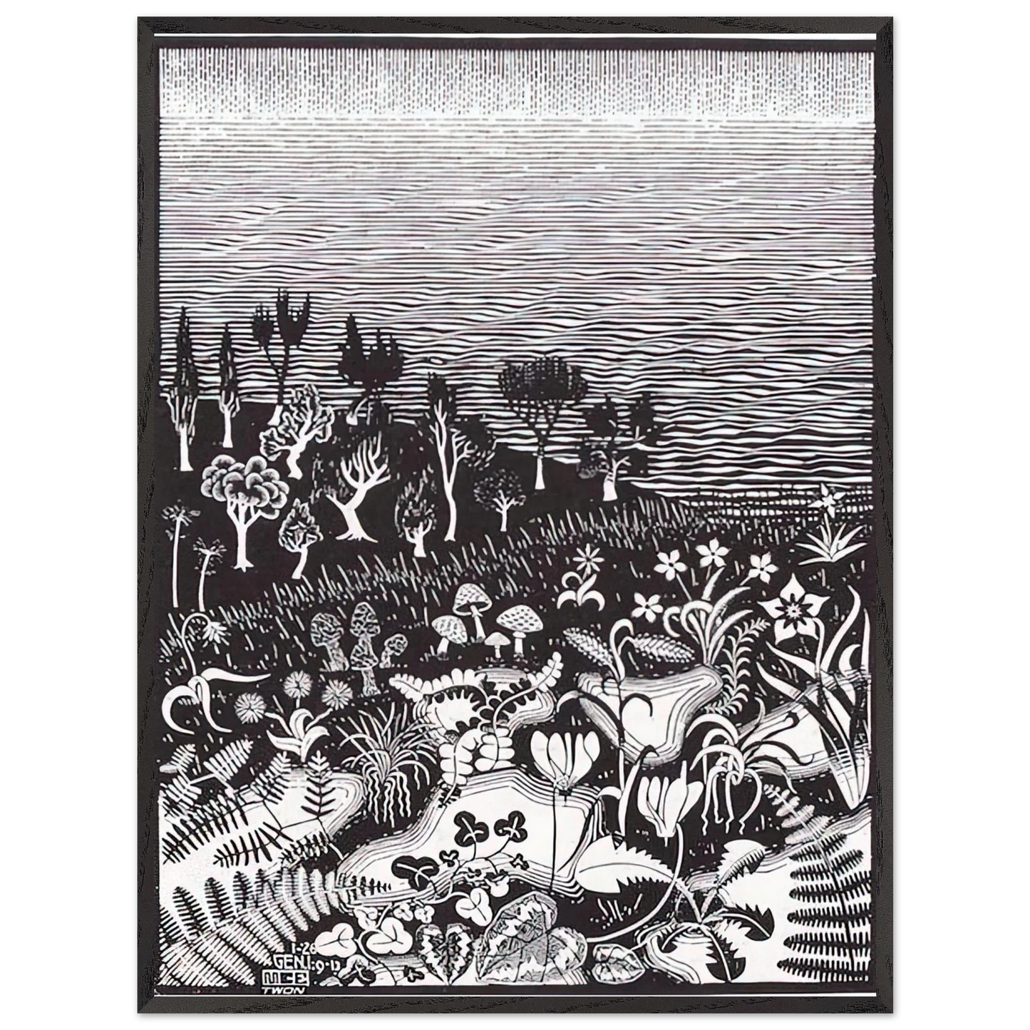 MC Escher - THE 3RD DAY OF THE CREATION Wall Art - 30x40 cm / 12x16 inches - Premium Wooden Framed Poster With Fine Art Paper - White frame