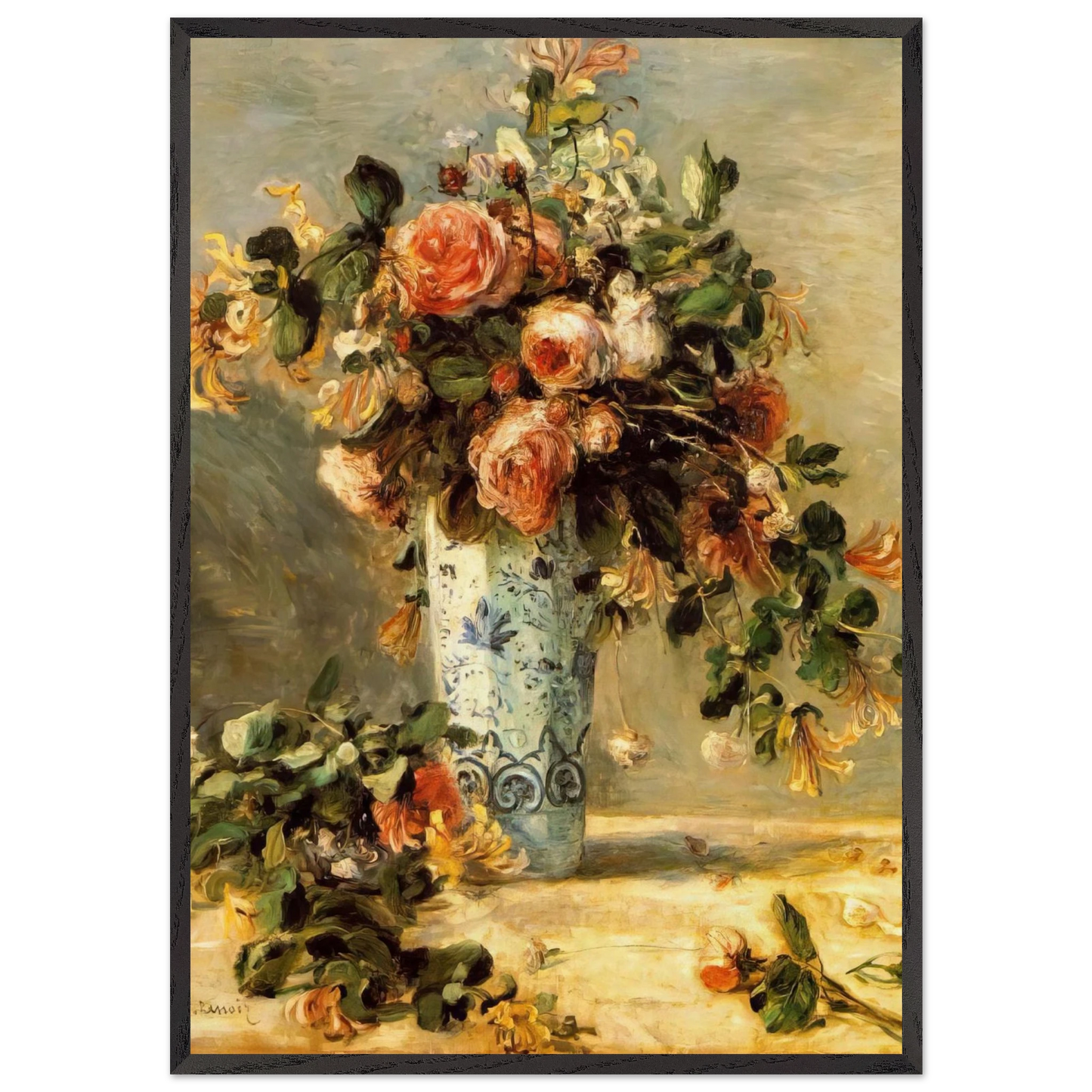 Roses and Jasmine in a Delft Vase - Pierre-Auguste Renoir Framed Art Print – Black Wooden Frame - Default Title - -Framed Art Print