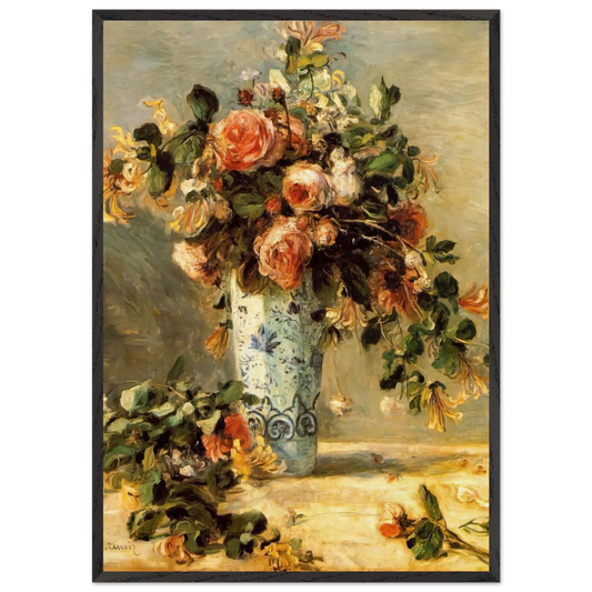 Roses and Jasmine in a Delft Vase - Pierre-Auguste Renoir 70x100 cm / 28x40 inches Framed Art Print – Black Wooden Frame
