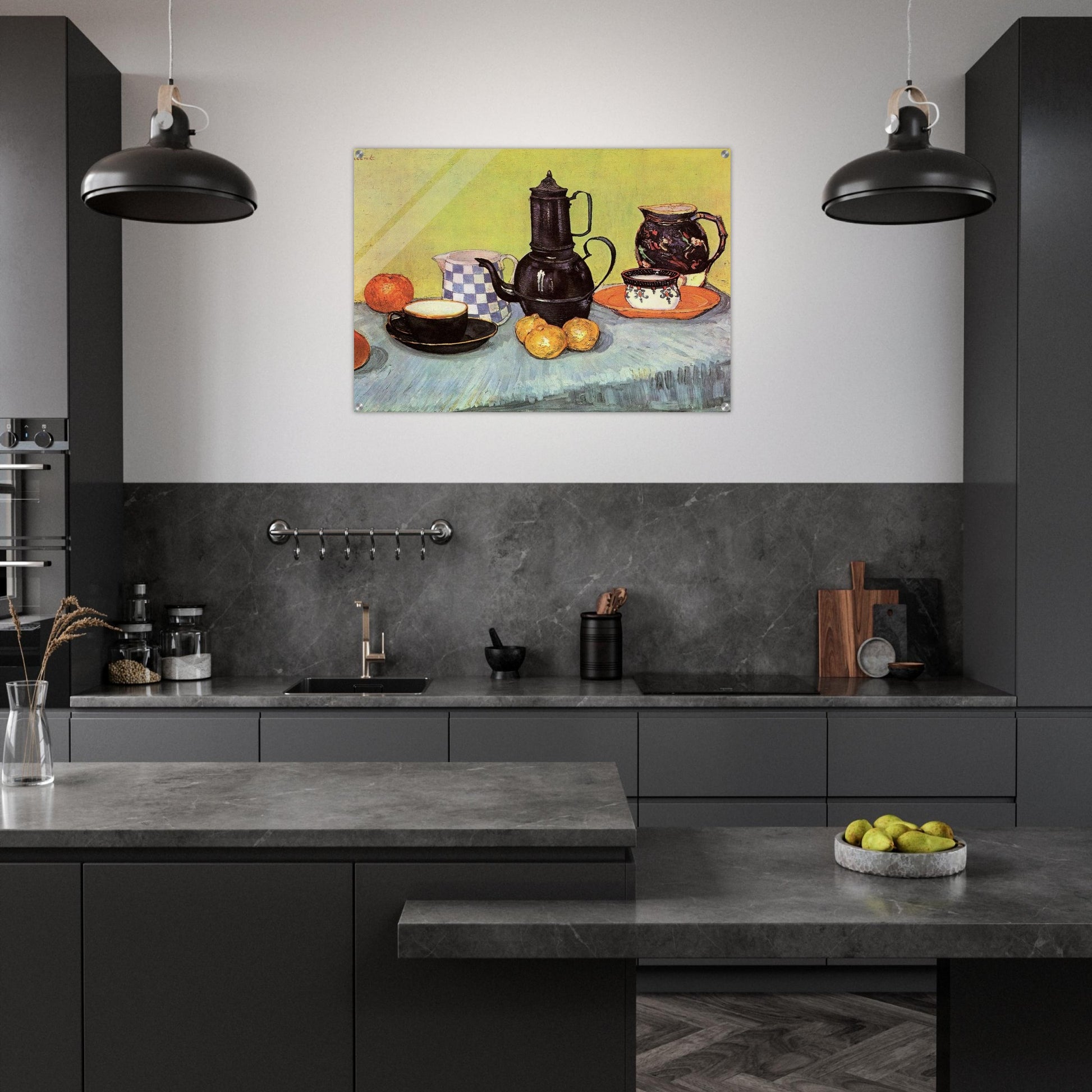 Still Life with Blue Enamel Coffeepot, Earthenware and Fruit - Vincent van Gogh Acrylic Print - 70x100 cm / 28x40″ inches | Vincent van Gogh Wall Art | Vincent van Gogh Prints