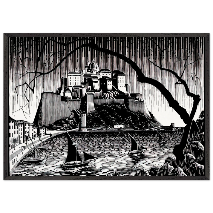 CITADEL OF CALVI CORSICA - MC Escher 70x100 cm / 28x40 inches Framed Art Print – Black Wooden Frame | Maurits Cornelis Escher Prints