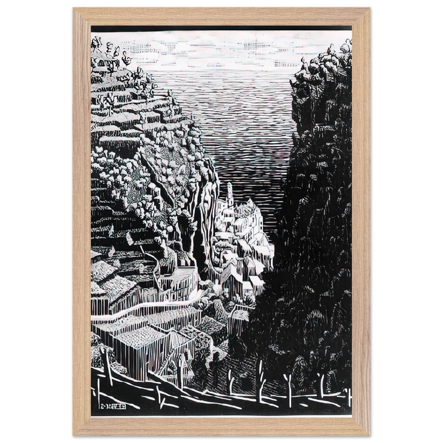MC Escher - ATRANI COAST OF AMALFI 1 Wall Art - 30x40 cm / 12x16 inches - Premium Wooden Framed Poster With Fine Art Paper - White frame