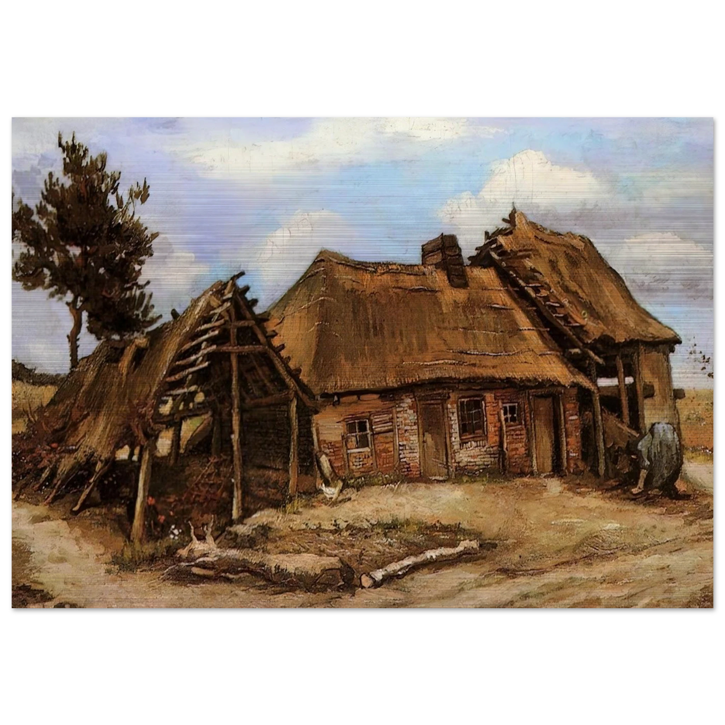 Cottage with Decrepit Barn and Stooping Woman - Vincent van Gogh Brushed Aluminum Print - 70x100 cm / 28x40 inches | Vincent van Gogh Aluminum Print | Vincent van Gogh Prints