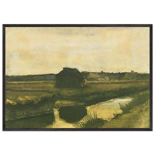 Landscape with a Stack of Peat and Farmhouses - Vincent van Gogh 70x100 cm / 28x40 inches Framed Art Print – Black Wooden Frame