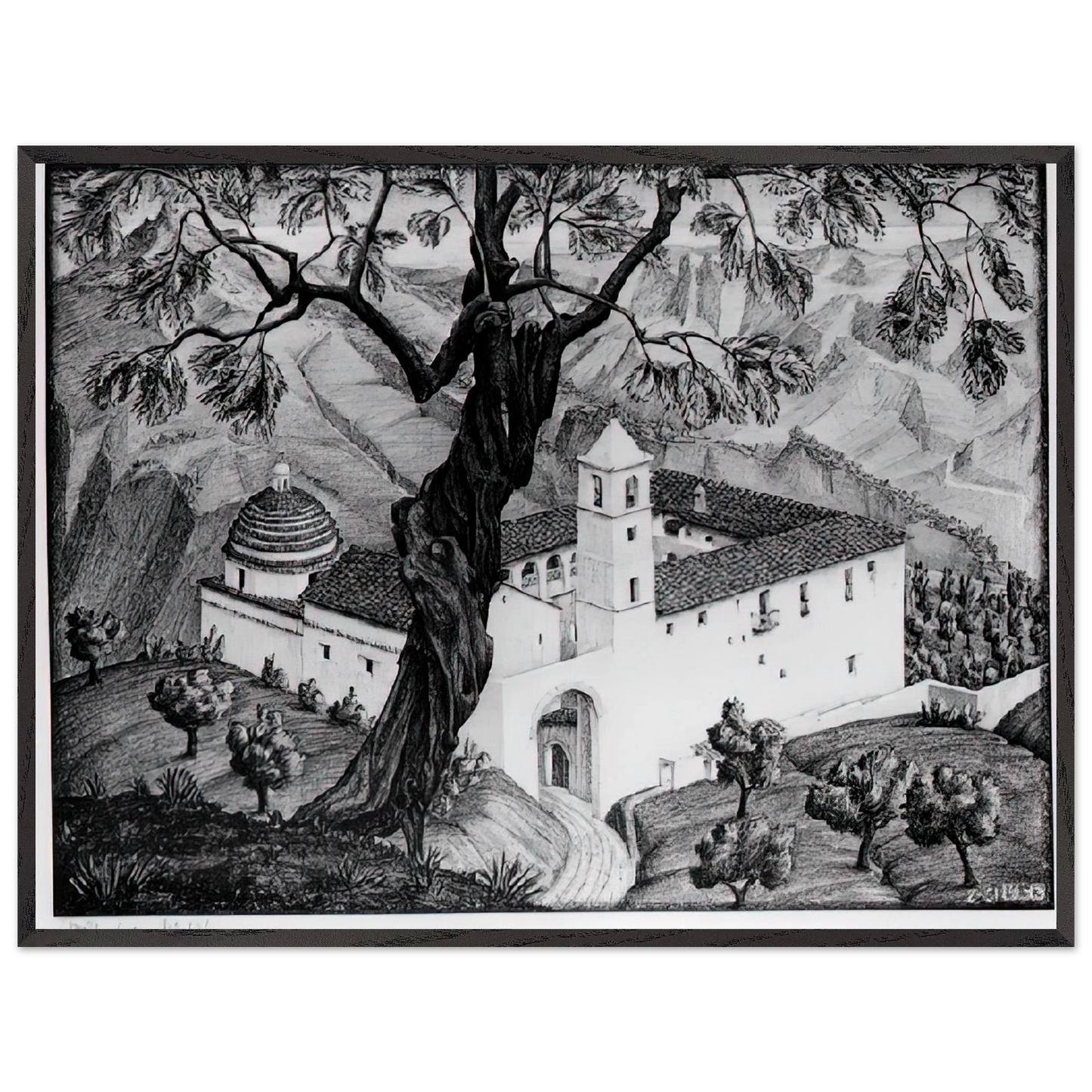 MC Escher - CLOISTER NEAR ROCCA IMPERIALE CALABRIA Wall Art - 21x29.7 cm / 8x12" - Premium Wooden Framed Poster With Fine Art Paper - White frame