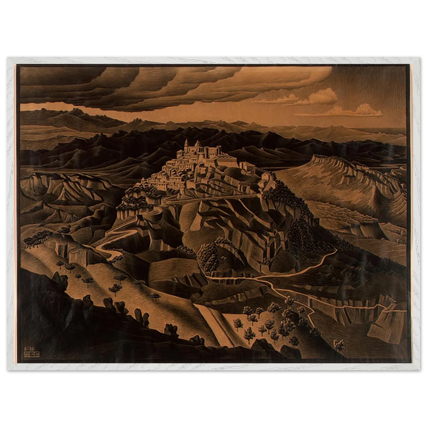 MC Escher - ITALIAN TOWN Wall Art - 60x80 cm / 24x32 inches - Premium Wooden Framed Poster With Fine Art Paper - Black frame