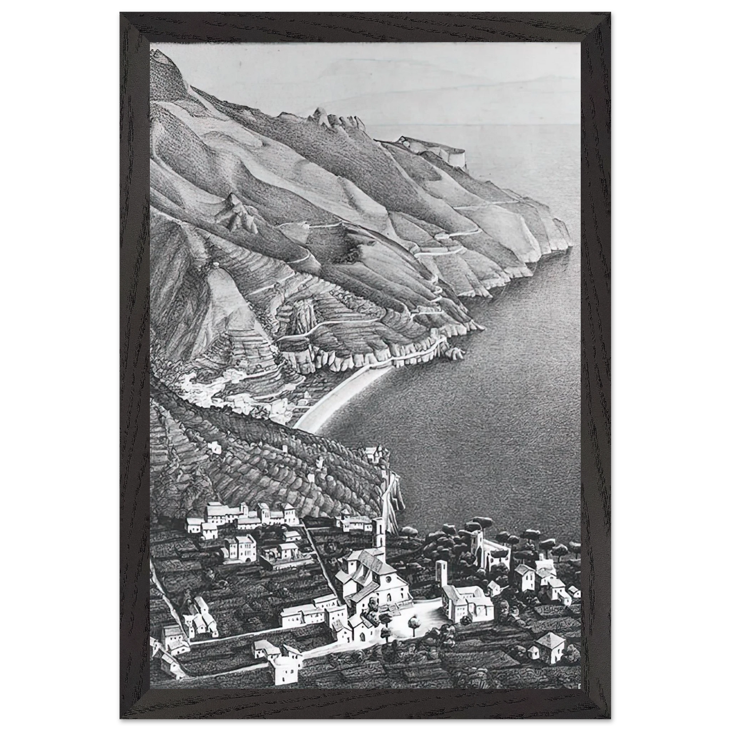 MC Escher - RAVELLO AND THE COAST OF AMALFI Wall Art - 30x40 cm / 12x16 inches - Premium Wooden Framed Poster With Fine Art Paper - Black frame