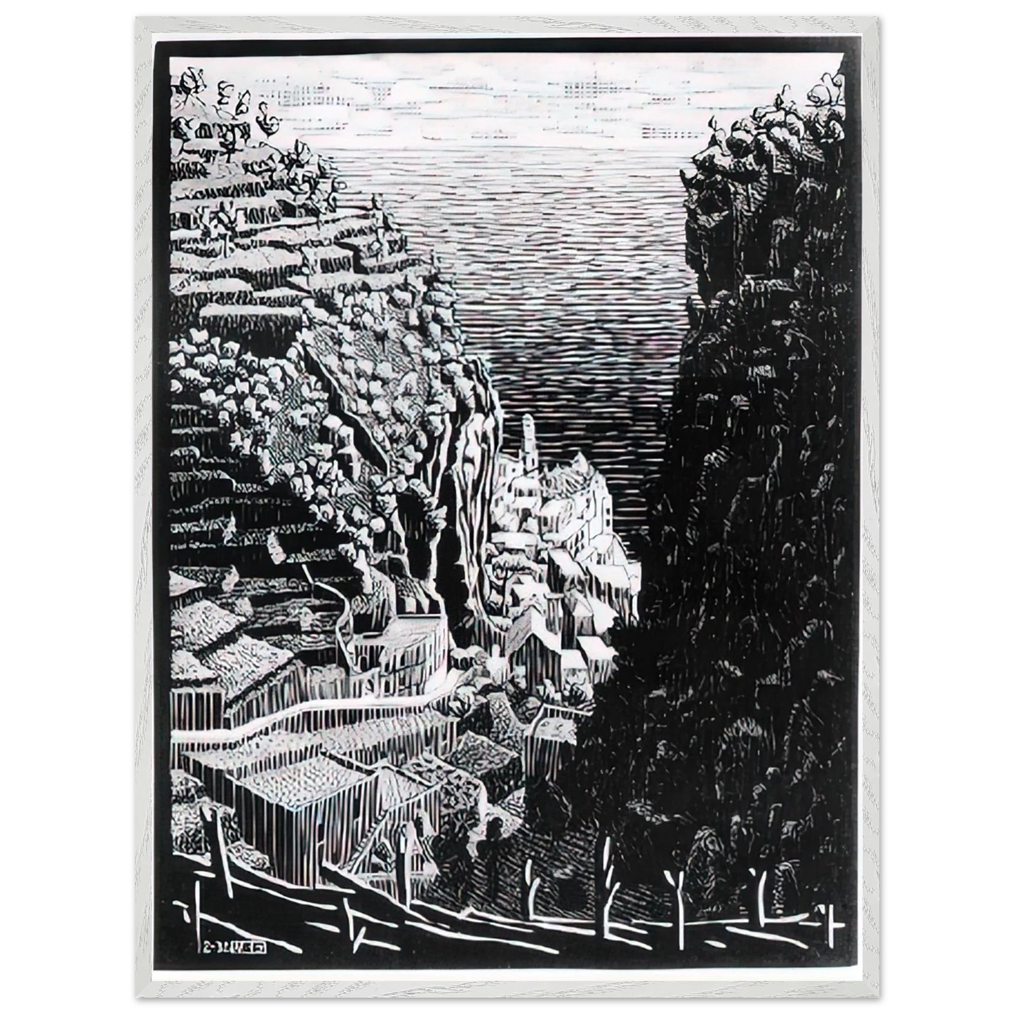 MC Escher - ATRANI COAST OF AMALFI 1 Wall Art - 30x40 cm / 12x16 inches - Premium Wooden Framed Poster With Fine Art Paper - Black frame