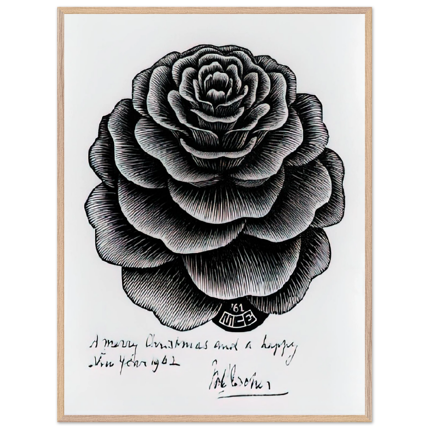 MC Escher - MERRY CHRISTMAS HAPPY NEW YEAR Wall Art - 21x29.7 cm / 8x12" - Premium Wooden Framed Poster With Fine Art Paper - White frame