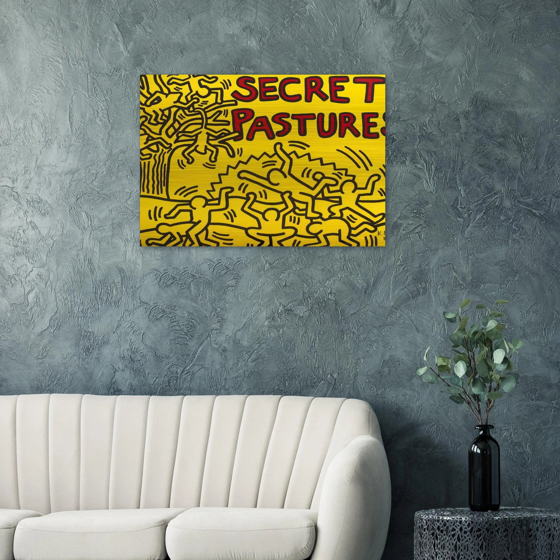 A POSTER FOR THE BILL T JONES AND ARNIE ZANE PERFORMANCE PIECE SECRET PASTURES 1984 - Keith Haring Brushed Aluminum Print - 70x100 cm / 28x40 inches | Keith Haring Aluminum Print | Keith Haring Prints