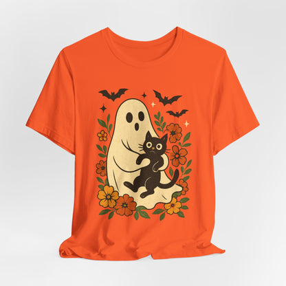 Fantasma Spettrale che tiene un Gatto Nero Fiori Groovy Halloween