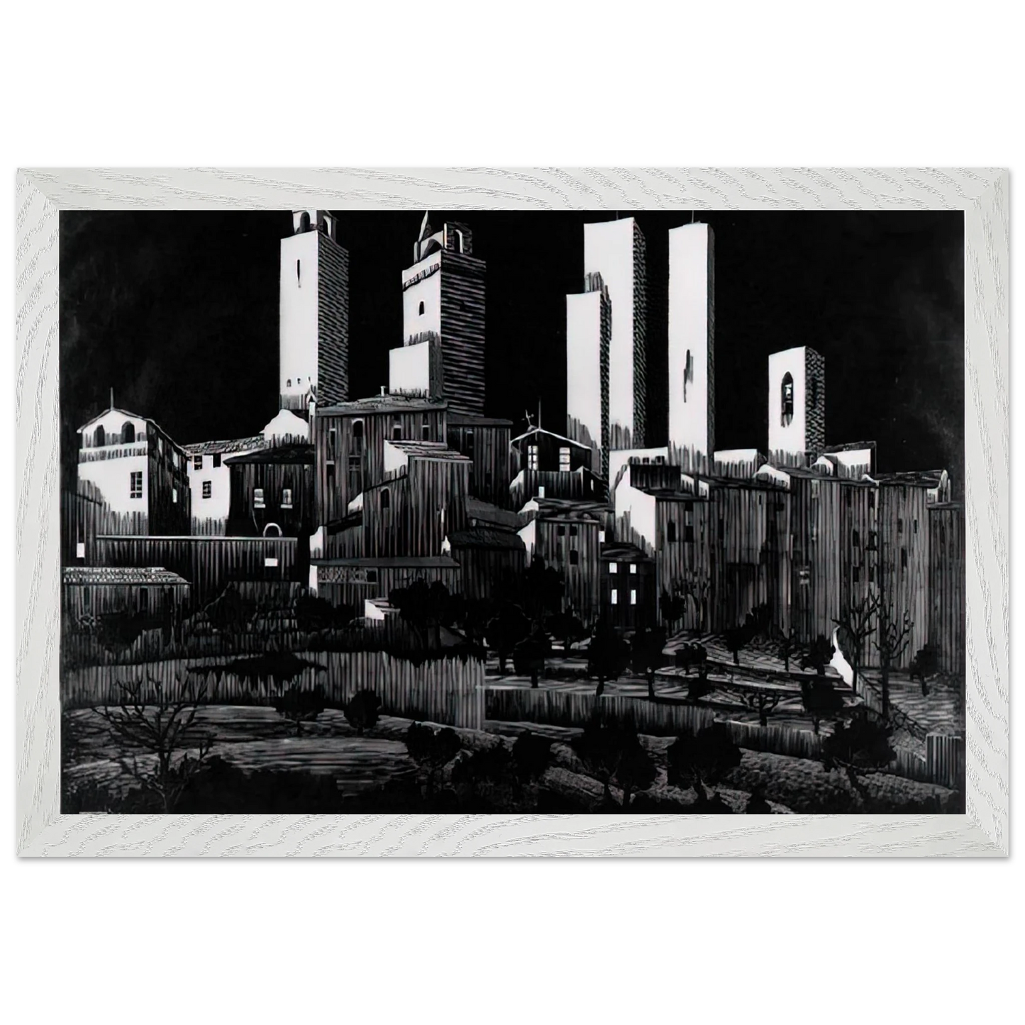 MC Escher - SAN GIMIGNANO Wall Art - 60x80 cm / 24x32 inches - Premium Wooden Framed Poster With Fine Art Paper - Black frame