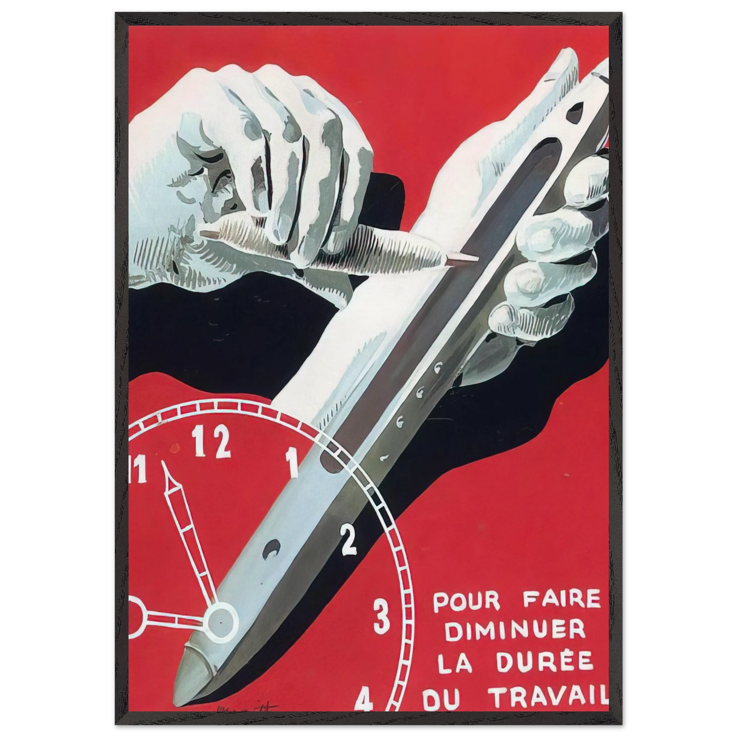 PROJECT OF POSTER THE CENTER OF TEXTILE WORKERS IN BELGIUM TO REDUCE WORKING HOURS 1938 - Rene Magritte Framed Art Print – Black Wooden Frame - Default Title - -Framed Art Print