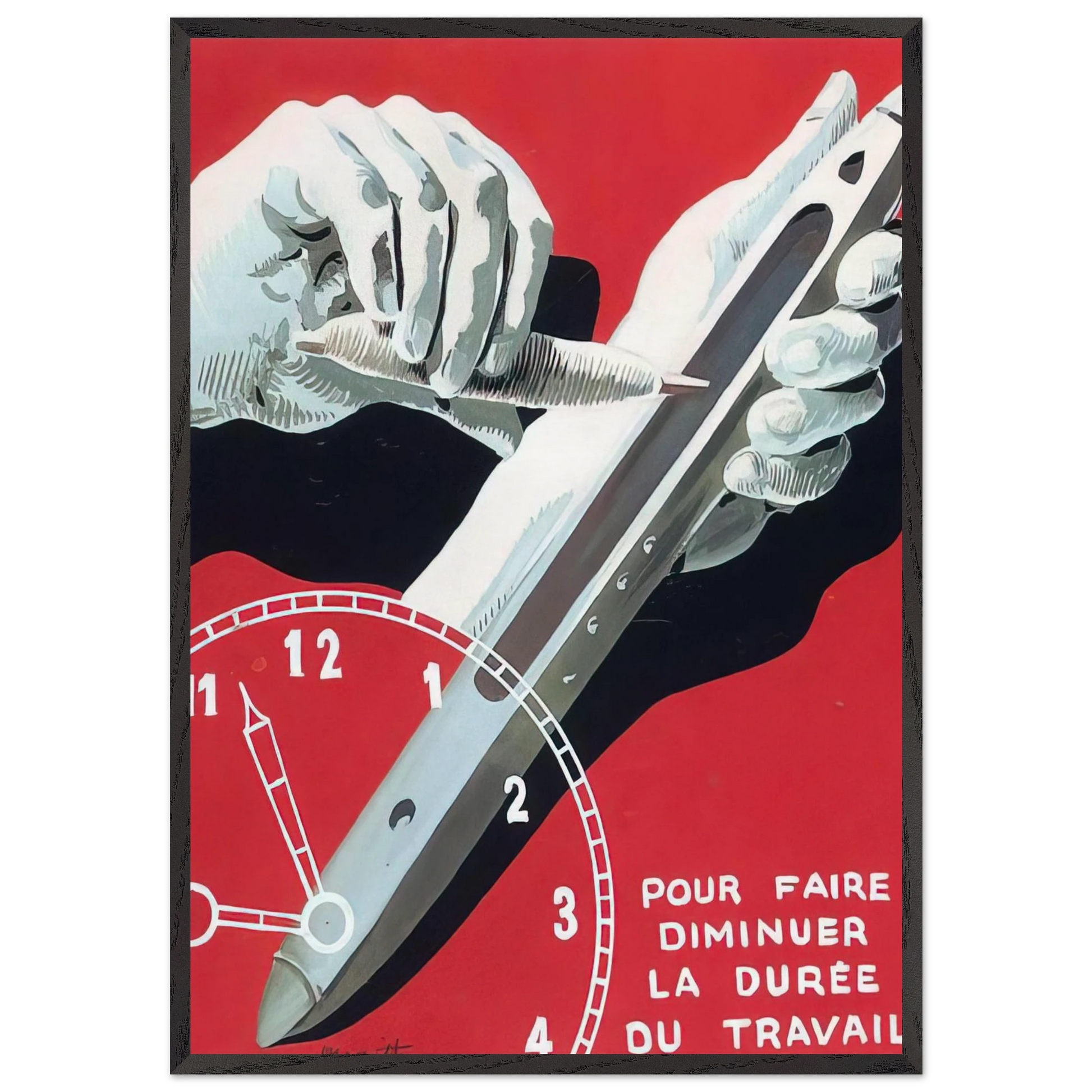 PROJECT OF POSTER THE CENTER OF TEXTILE WORKERS IN BELGIUM TO REDUCE WORKING HOURS 1938 - Rene Magritte Framed Art Print – Black Wooden Frame - Default Title - -Framed Art Print