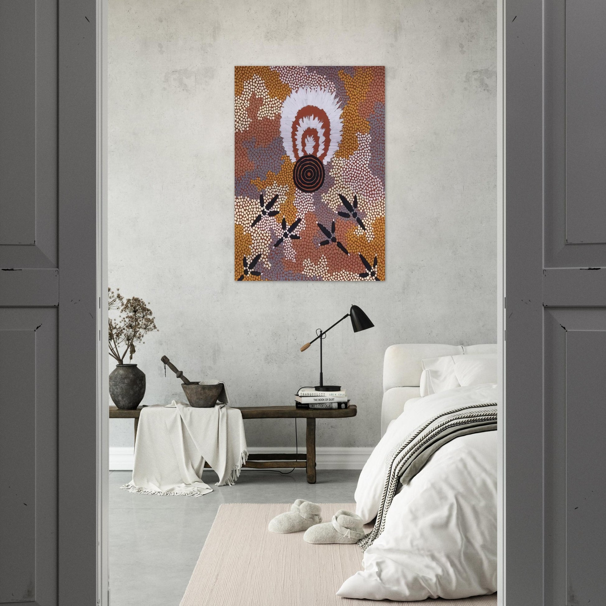 Eagle Dreaming at Mt. Allan - 1989 - Clifford Possum Tjapaltjarri Brushed Aluminum Print - 70x100 cm / 28x40 inches | Clifford Possum Tjapaltjarri Aluminum Print | Clifford Possum Tjapaltjarri Prints
