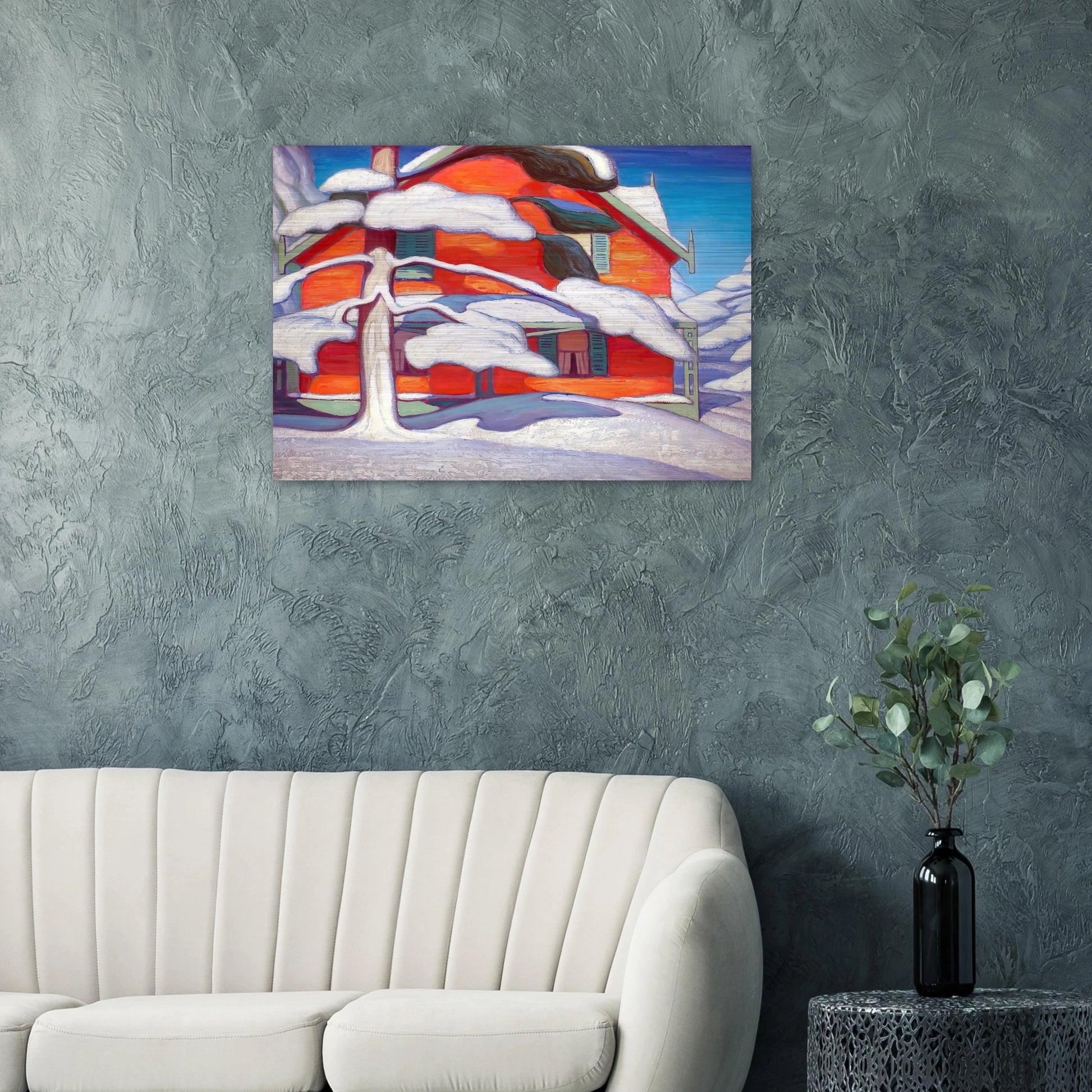 Pine Tree and Red House, Winter City - 1924 - Lawren Harris Brushed Aluminum Print - 70x100 cm / 28x40 inches | Lawren Harris Aluminum Print | Lawren Harris Prints