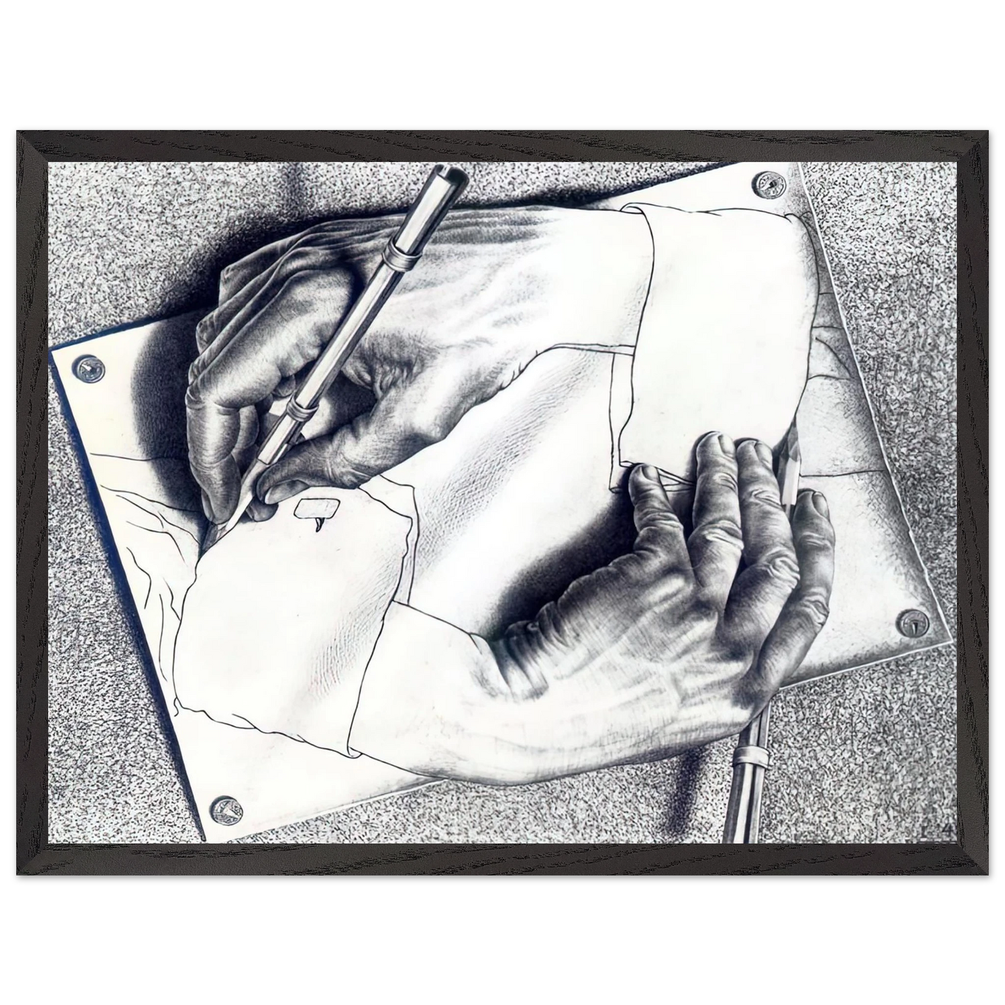 MC Escher - DRAWING HANDS Wall Art - 30x40 cm / 12x16 inches - Premium Wooden Framed Poster With Fine Art Paper - White frame