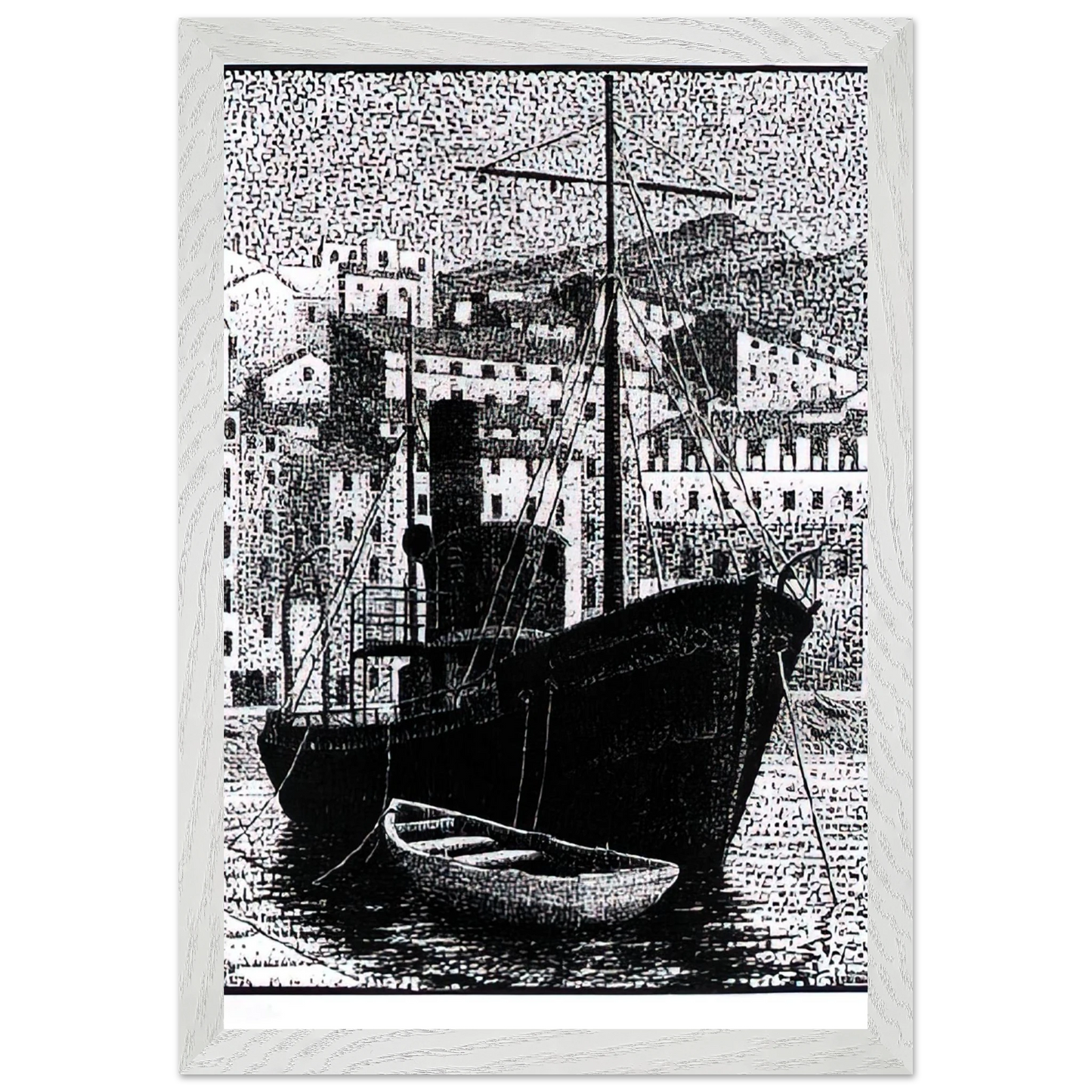 MC Escher - TUGBOAT OLD HARBOR OF BASTIA JANUARY 1934 1934 Wall Art - 21x29.7 cm / 8x12" - Premium Wooden Framed Poster With Fine Art Paper - White frame
