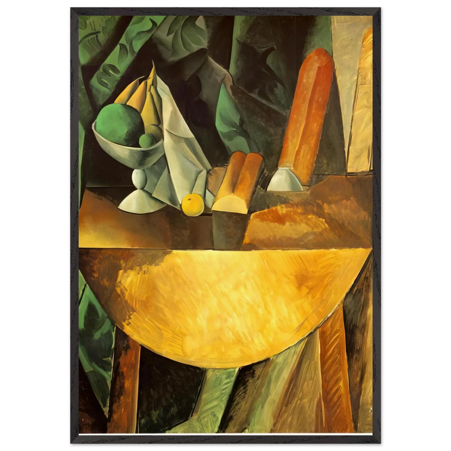 Bread and dish with fruits on the table - Pablo Picasso Framed Art Print – Black Wooden Frame - Default Title - -Framed Art Print