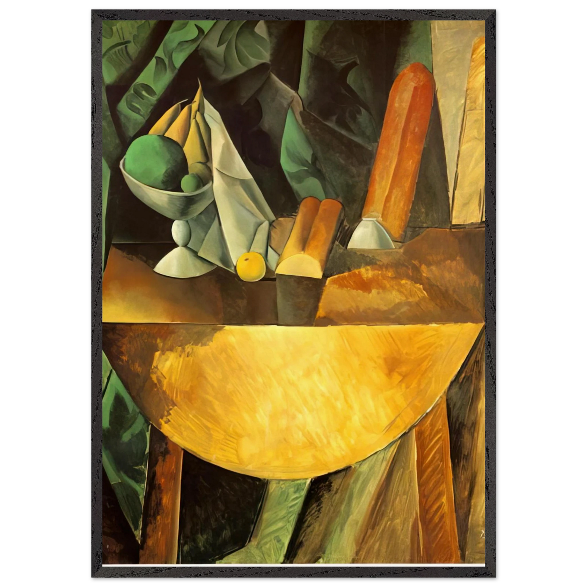 Bread and dish with fruits on the table - Pablo Picasso Framed Art Print – Black Wooden Frame - Default Title - -Framed Art Print