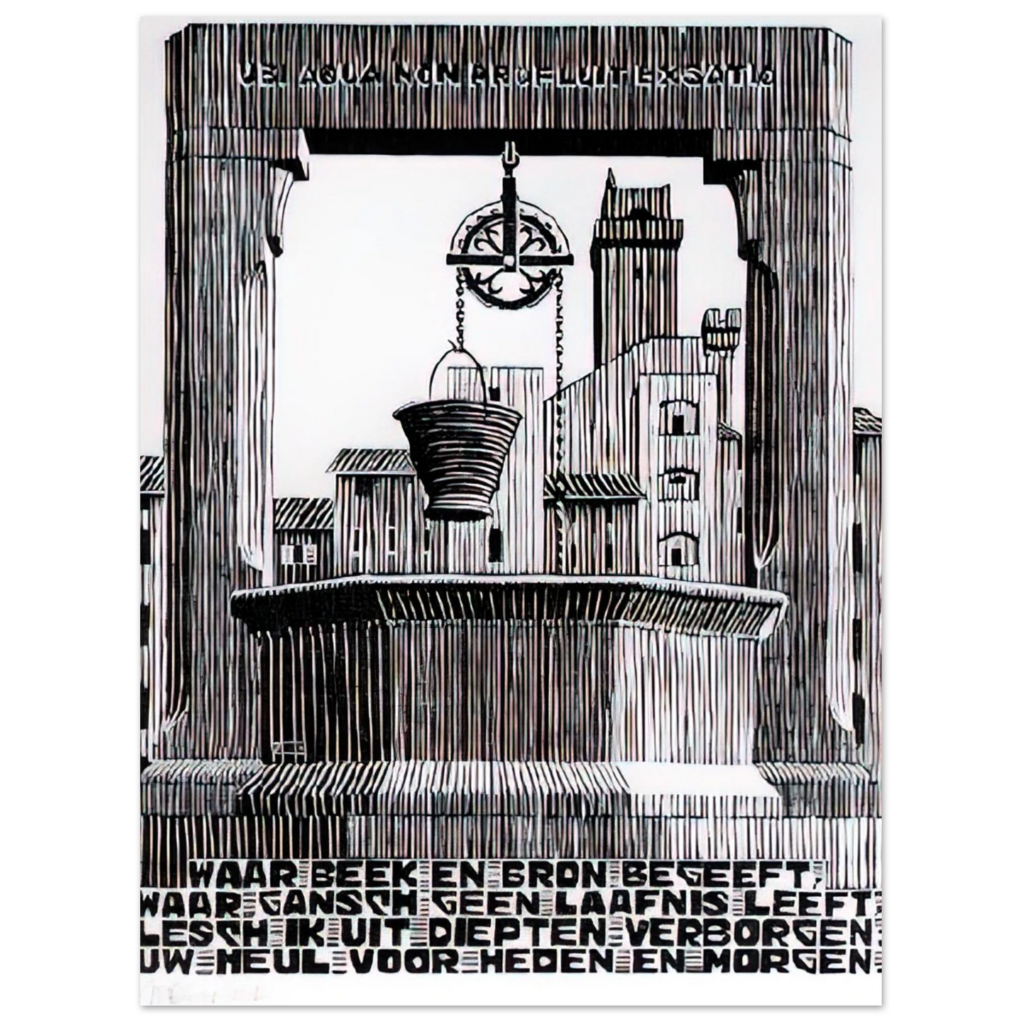 MC Escher - EMBLEMATA WELL Wall Art - 60x80 cm / 24x32 inches - Premium Wooden Framed Poster With Fine Art Paper - Black frame