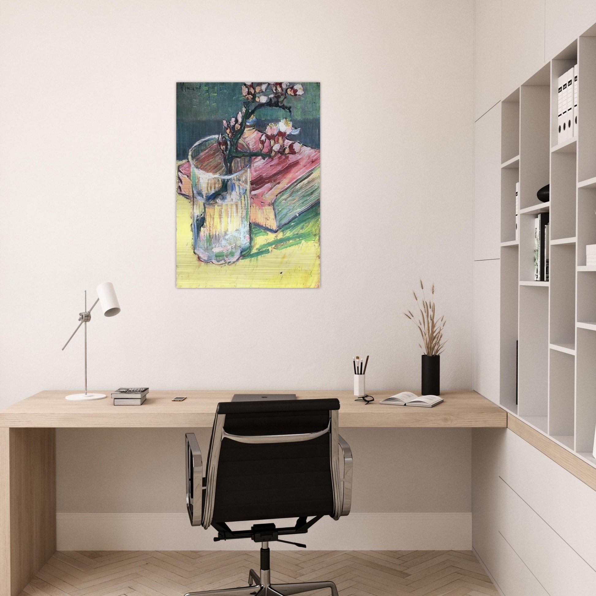 Blossoming Almond Branch in a Glass with a Book - Vincent van Gogh Brushed Aluminum Print - 70x100 cm / 28x40 inches | Vincent van Gogh Aluminum Print | Vincent van Gogh Prints