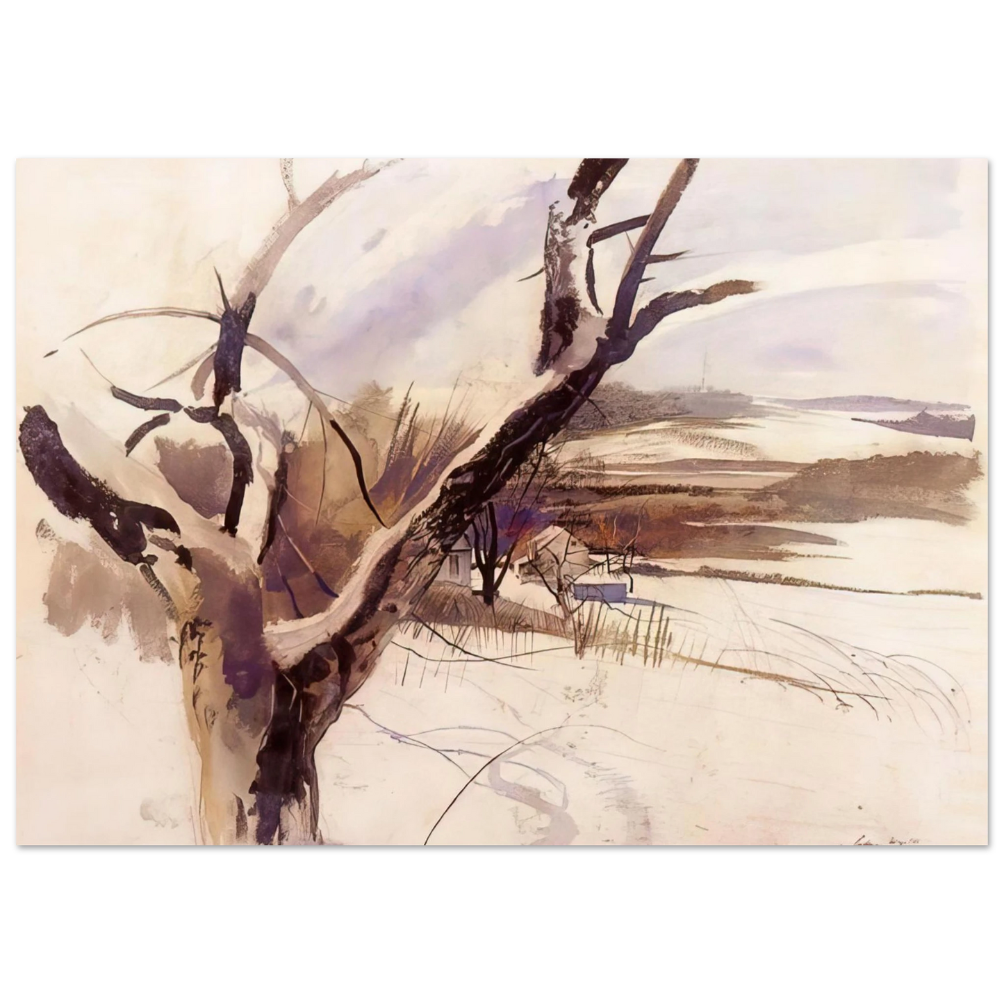 Andrew Wyeth - WINTER FARM SCENE Wall Art - 30x40 cm / 12x16 inches - Premium Wooden Framed Poster With Fine Art Paper - Black frame