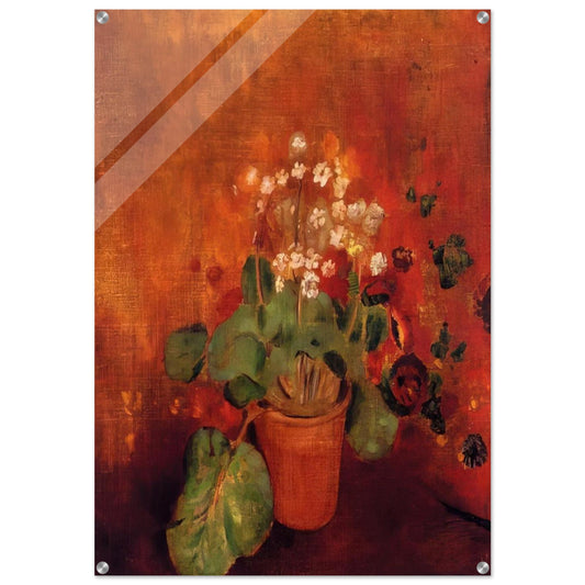 FLOWERS IN A POT ON A RED BACKGROUND - Odilon Redon Acrylic Print - 70x100 cm / 28x40″ inches | Odilon Redon Wall Art | Odilon Redon Prints