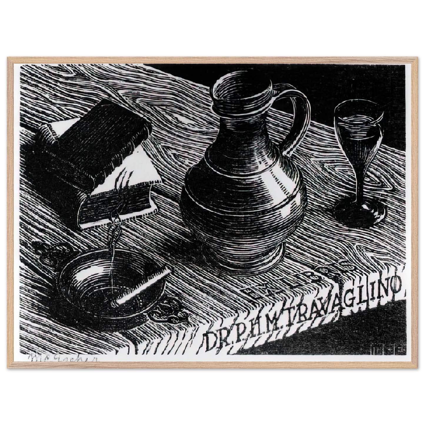 MC Escher - BOOKPLATE DR P H M TRAVAGLINO Wall Art - 60x80 cm / 24x32 inches - Premium Wooden Framed Poster With Fine Art Paper - Wood frame