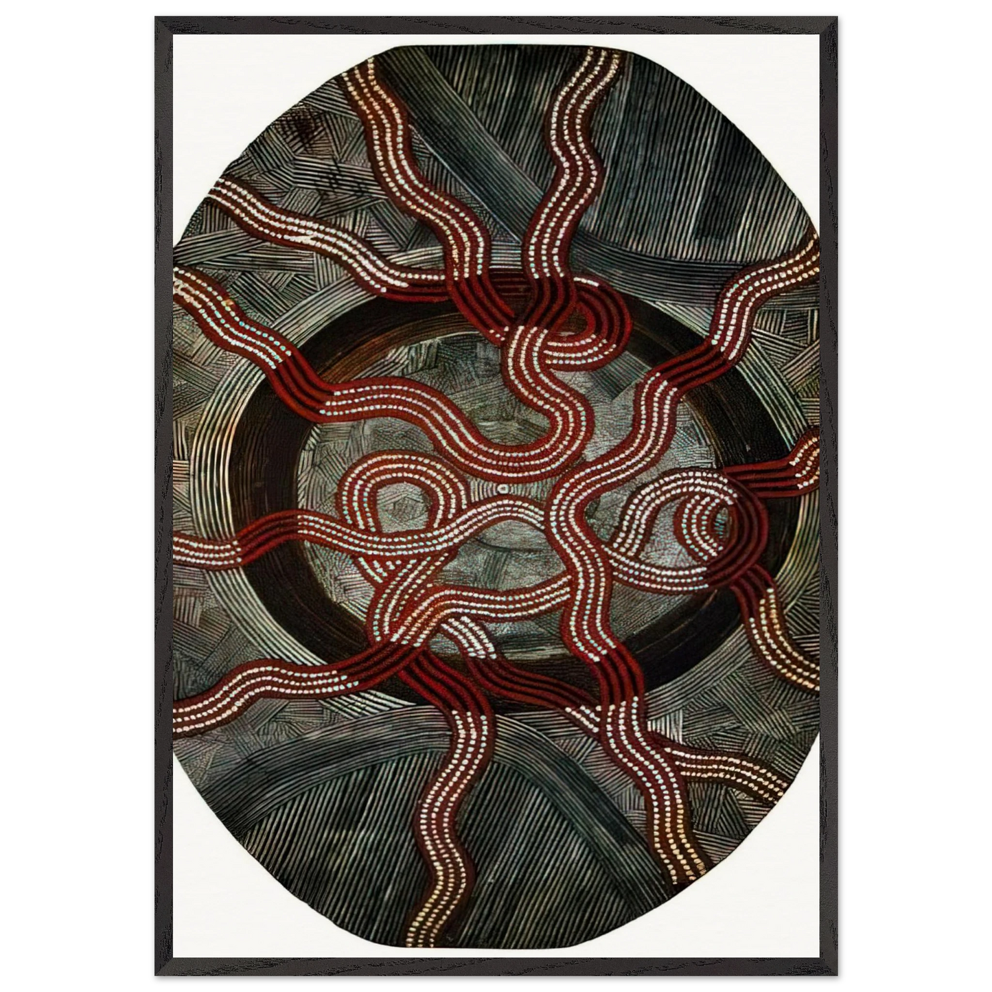 Untitled Snake Dreaming - 1972 - Clifford Possum Tjapaltjarri Framed Art Print – Black Wooden Frame - Default Title - -Framed Art Print