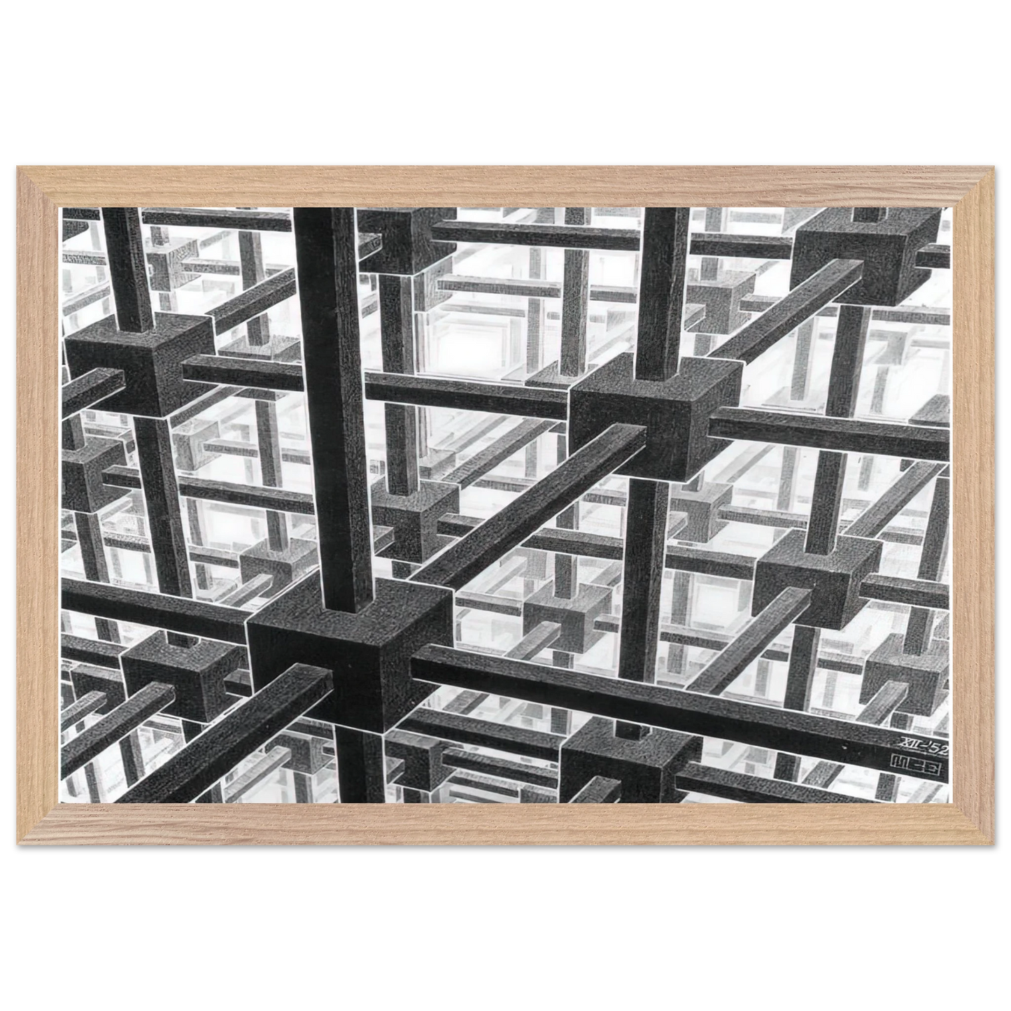 MC Escher - CUBIC SPACE DIVISION Wall Art - 21x29.7 cm / 8x12" - Premium Wooden Framed Poster With Fine Art Paper - Black frame