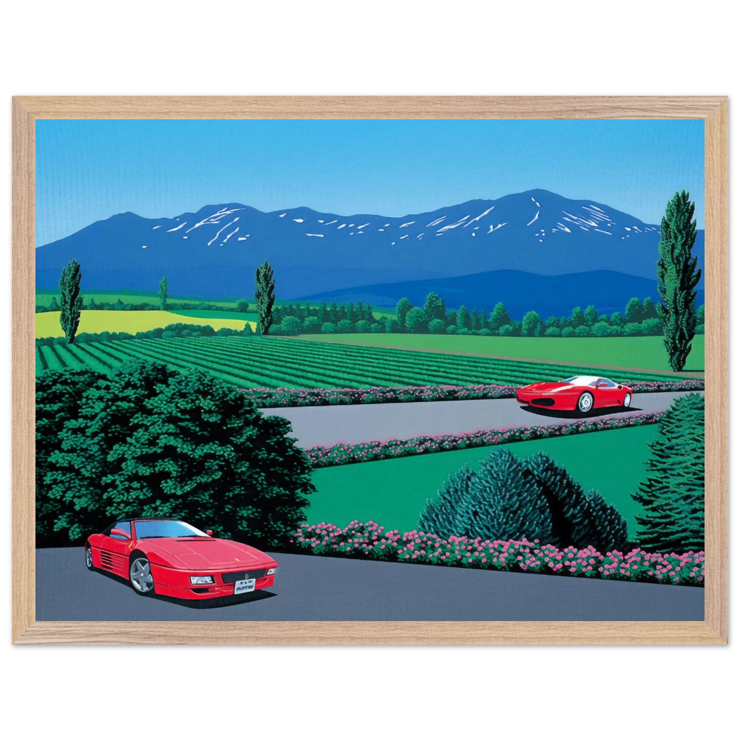 Hiroshi Nagai - Ferraris traversing the lands Wall Art - 30x40 cm / 12x16 inches - Premium Wooden Framed Poster With Fine Art Paper - Wood frame