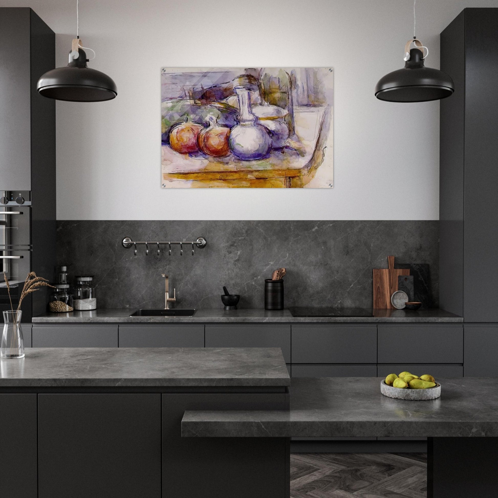 Still Life with Carafe, Sugar Bowl, Bottle, Pommegranates and Watermelon - Paul Cézanne Acrylic Print - 70x100 cm / 28x40″ inches | Paul Cézanne Wall Art | Paul Cézanne Prints