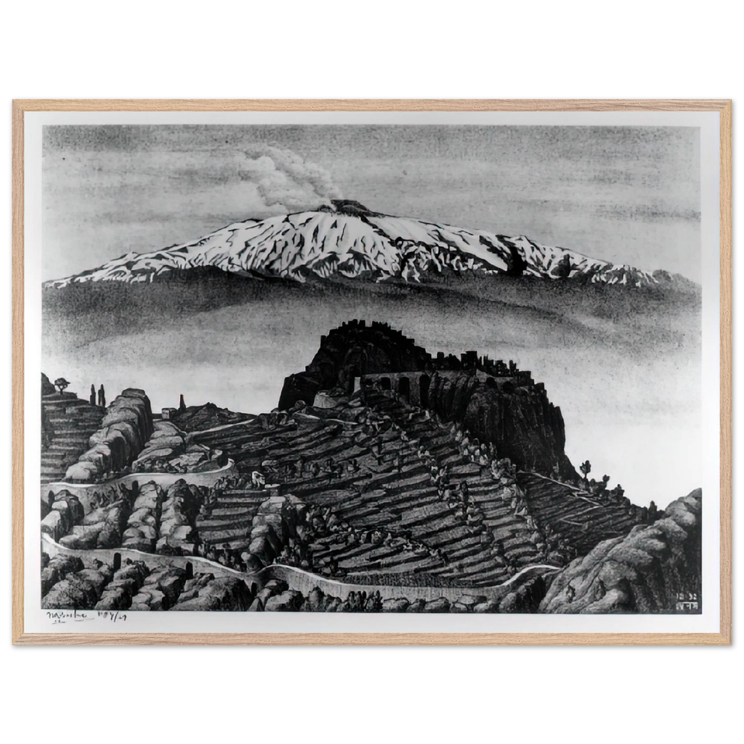 MC Escher - CASTEL MOLA AND MOUNT ETNA SICILY DECEMBER 1932 1932 Wall Art - 60x80 cm / 24x32 inches - Premium Wooden Framed Poster With Fine Art Paper - Wood frame