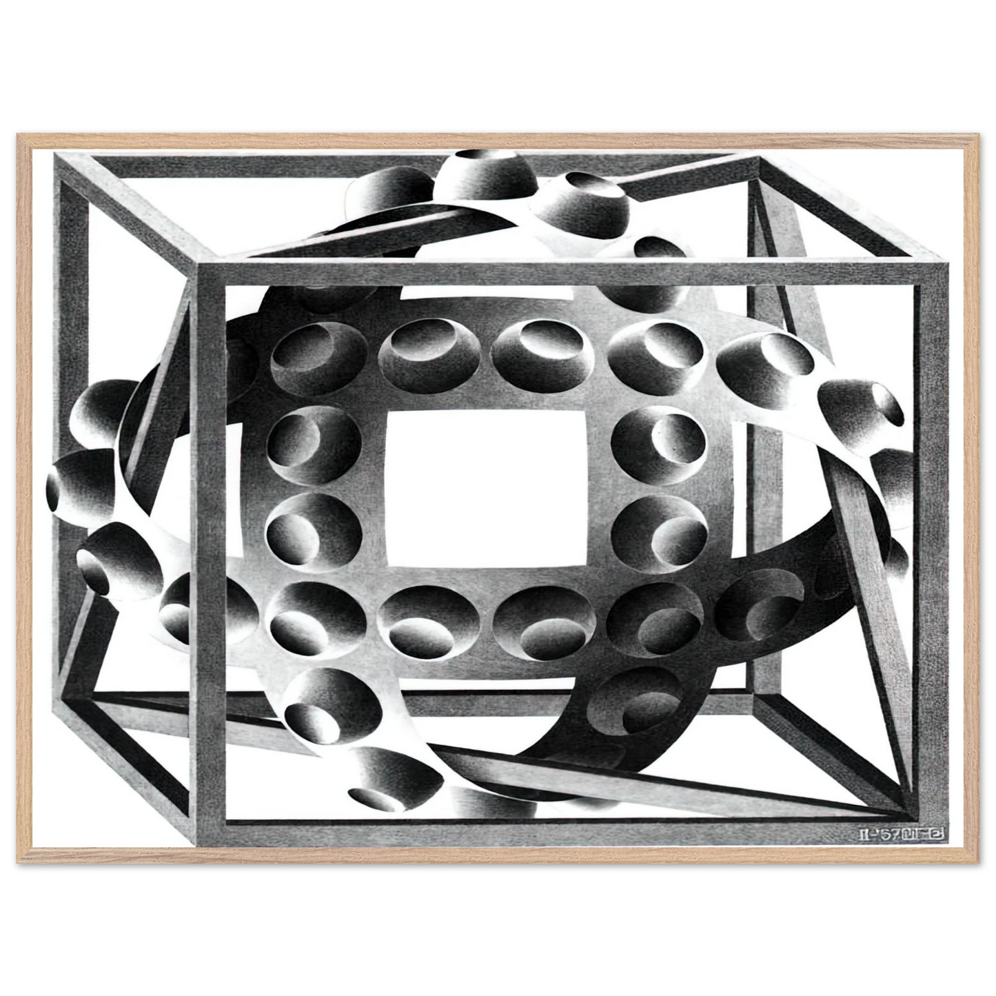 MC Escher - CUBE WITH MAGIC RIBBONS Wall Art - 21x29.7 cm / 8x12" - Premium Wooden Framed Poster With Fine Art Paper - Black frame