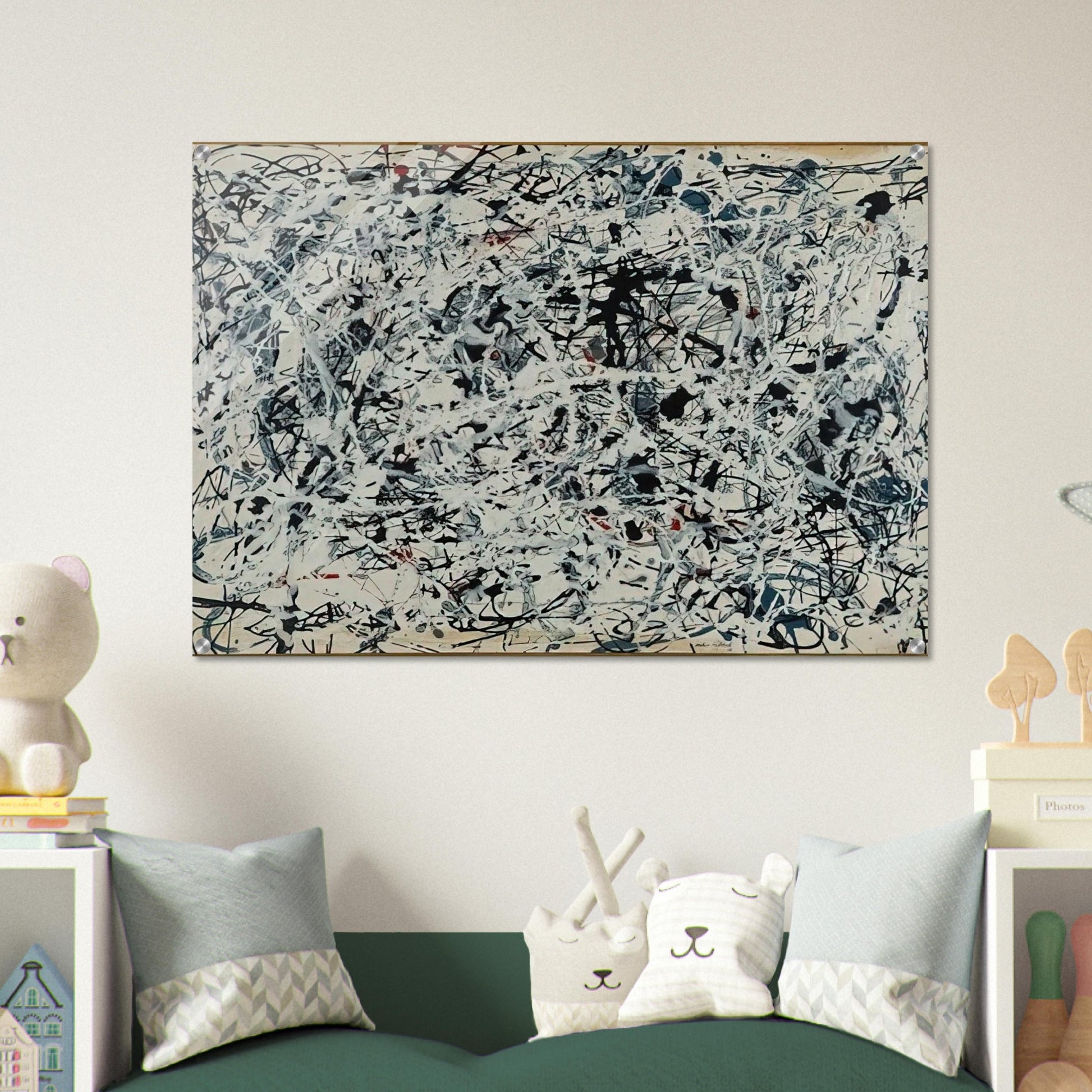 COMPOSITION WHITE BLACK BLUE AND RED ON WHITE 1948 - Jackson Pollock Acrylic Print - 70x100 cm / 28x40″ inches | Jackson Pollock Wall Art | Jackson Pollock Prints