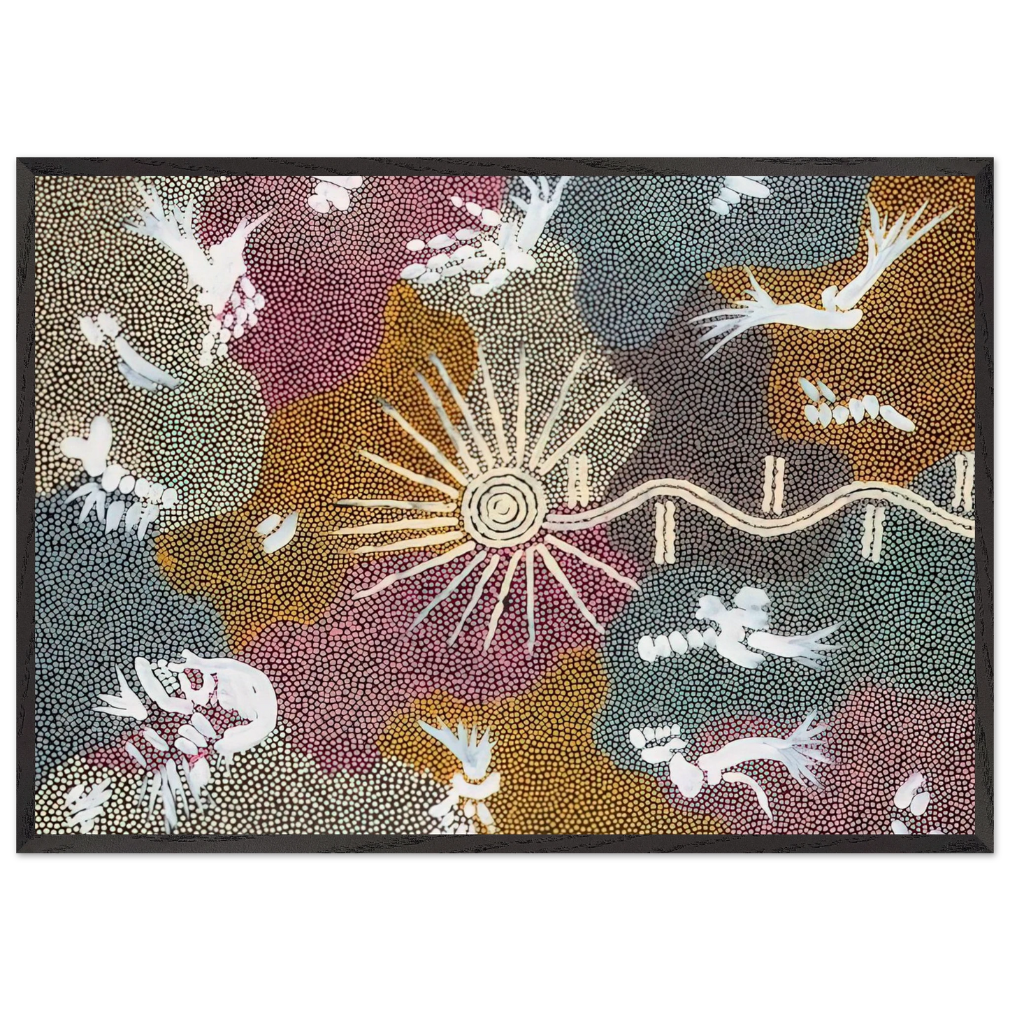 Lightning Dreaming - 1999 - Clifford Possum Tjapaltjarri Framed Art Print – Black Wooden Frame - Default Title - -Framed Art Print