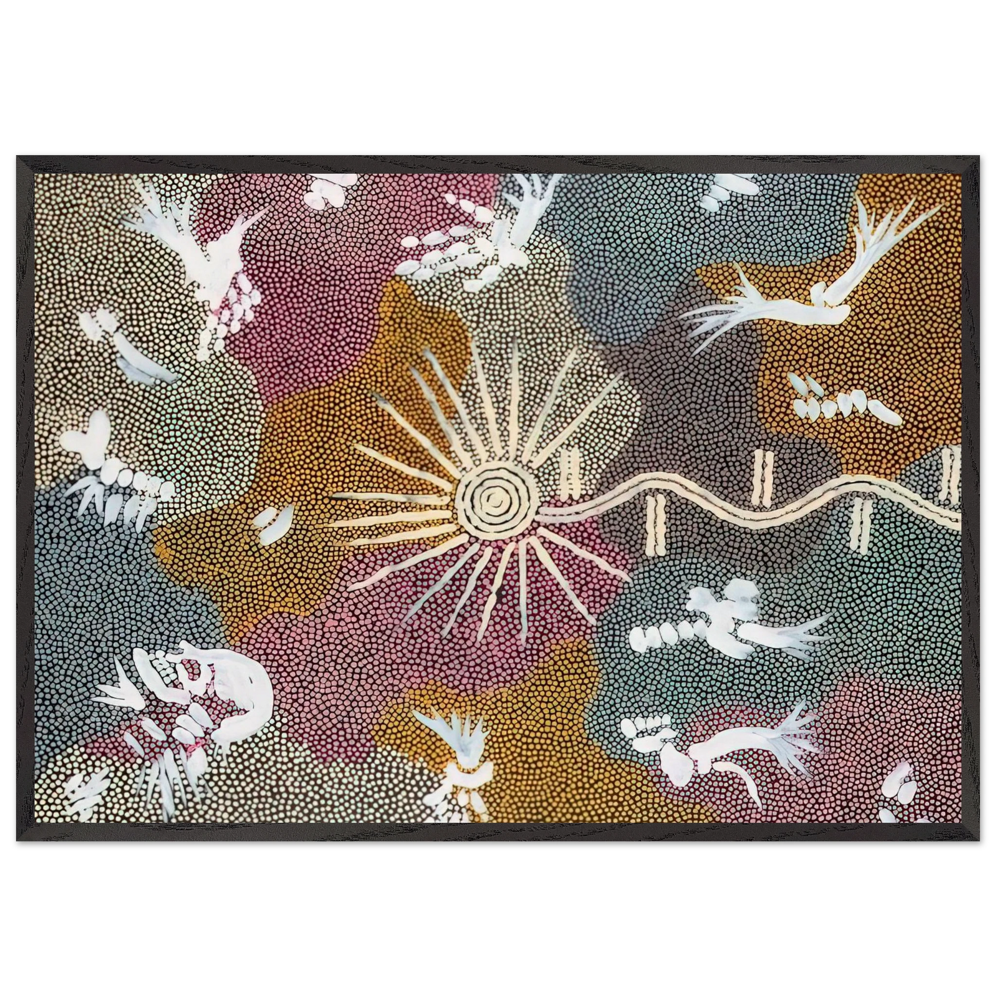 Lightning Dreaming - 1999 - Clifford Possum Tjapaltjarri Framed Art Print – Black Wooden Frame - Default Title - -Framed Art Print