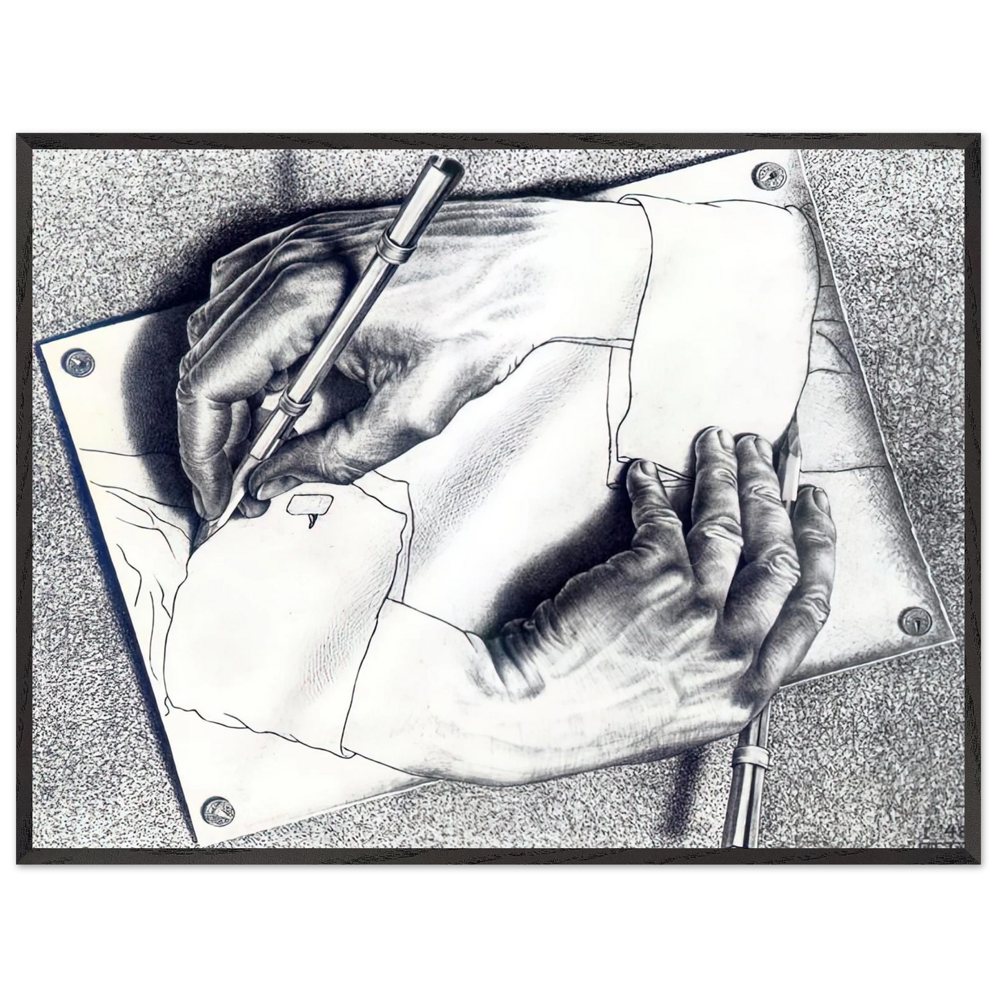 MC Escher - DRAWING HANDS Wall Art - 60x80 cm / 24x32 inches - Premium Wooden Framed Poster With Fine Art Paper - White frame