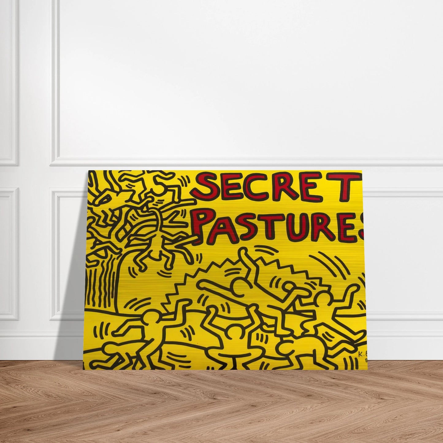 A POSTER FOR THE BILL T JONES AND ARNIE ZANE PERFORMANCE PIECE SECRET PASTURES 1984 - Keith Haring Brushed Aluminum Print - 70x100 cm / 28x40 inches | Keith Haring Aluminum Print | Keith Haring Prints