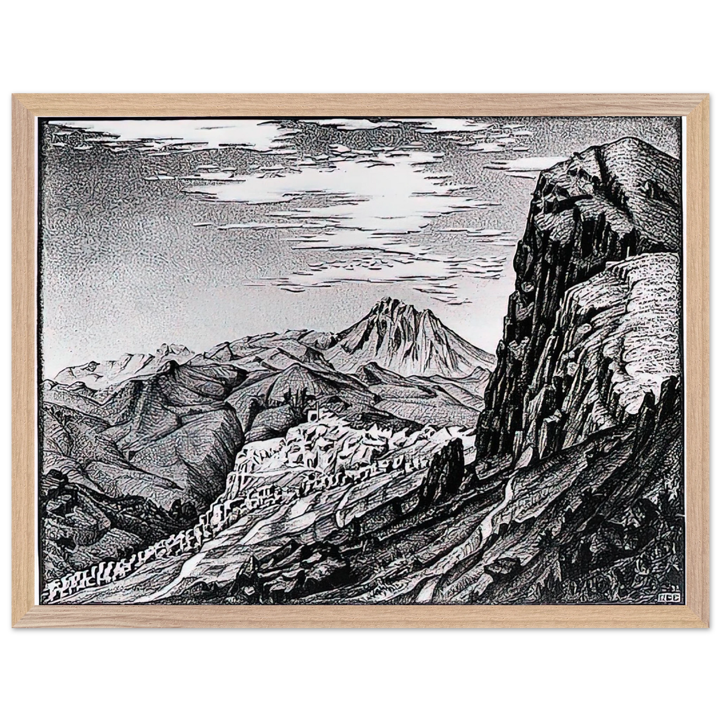 MC Escher - CALTAVUTURO IN THE MADONIE MOUNTAINS SICILY Wall Art - 21x29.7 cm / 8x12" - Premium Wooden Framed Poster With Fine Art Paper - Black frame