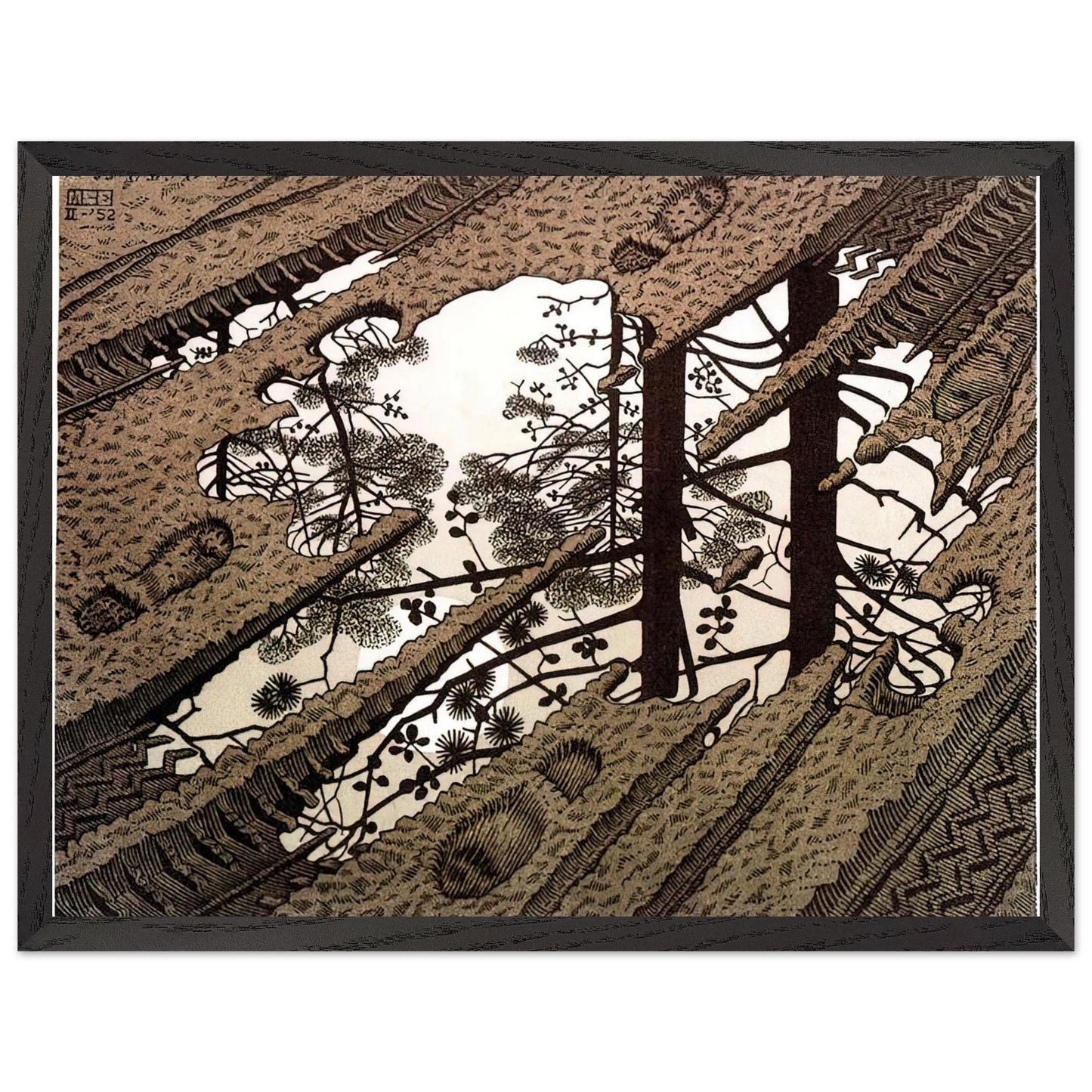MC Escher - PUDDLE Wall Art - 30x40 cm / 12x16 inches - Premium Wooden Framed Poster With Fine Art Paper - Black frame