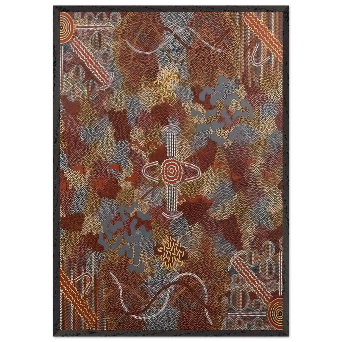 Frog Dreaming - 1989 - Clifford Possum Tjapaltjarri Framed Art Print – Black Wooden Frame - Default Title - -Framed Art Print