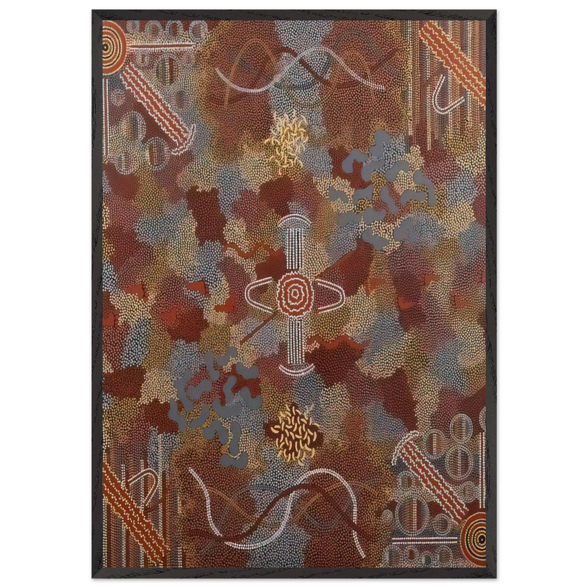 Frog Dreaming - 1989 - Clifford Possum Tjapaltjarri Framed Art Print – Black Wooden Frame - Default Title - -Framed Art Print