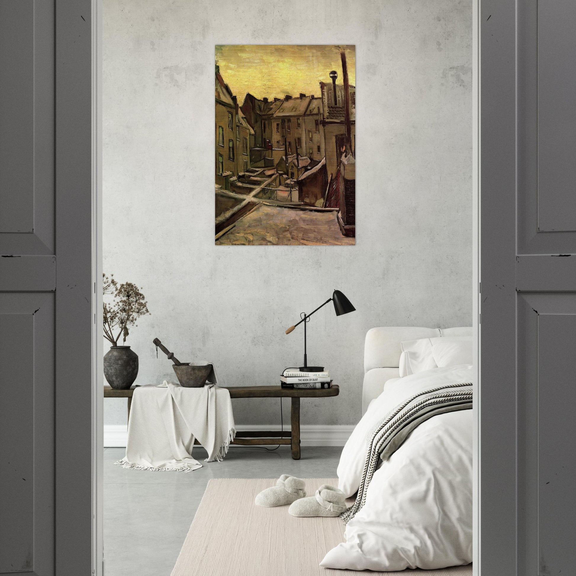 Backyards of Old Houses in Antwerp in the Snow - Vincent van Gogh Brushed Aluminum Print - 70x100 cm / 28x40 inches | Vincent van Gogh Aluminum Print | Vincent van Gogh Prints
