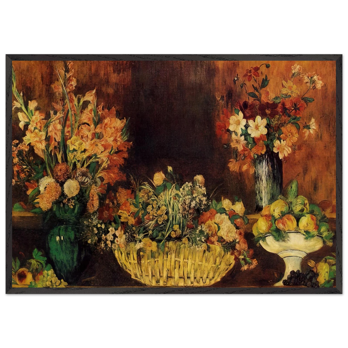 Vase Basket of Flowers and Fruit - Pierre-Auguste Renoir Framed Art Print – Black Wooden Frame - Default Title - -Framed Art Print