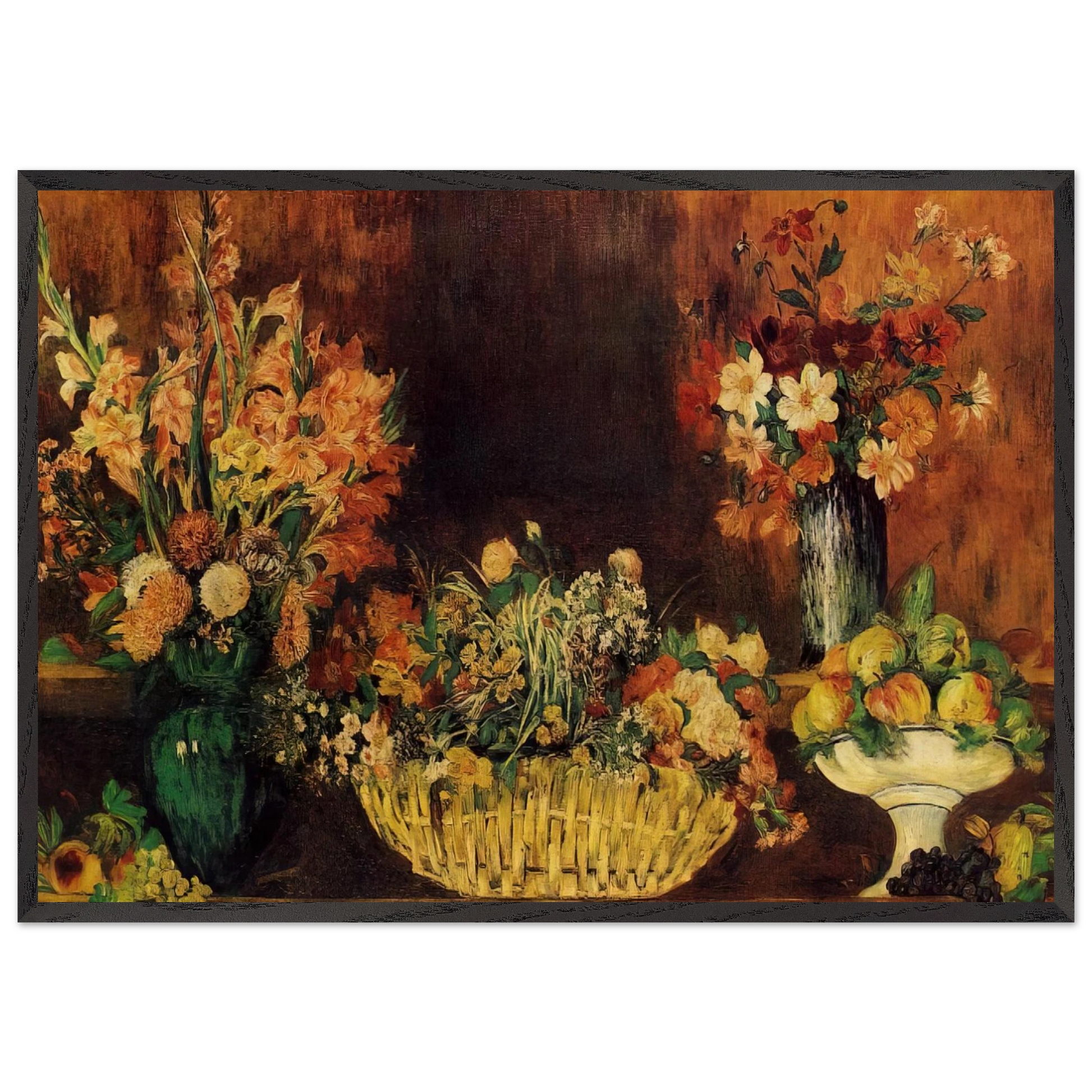 Vase Basket of Flowers and Fruit - Pierre-Auguste Renoir Framed Art Print – Black Wooden Frame - Default Title - -Framed Art Print