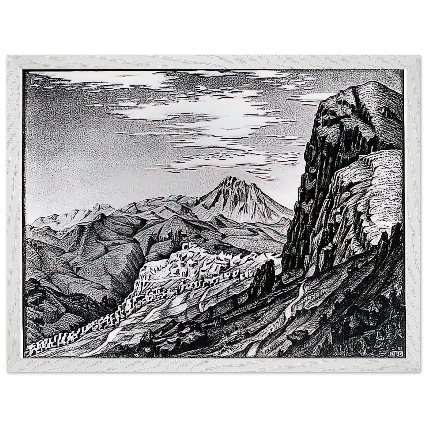 MC Escher - CALTAVUTURO IN THE MADONIE MOUNTAINS SICILY Wall Art - 60x80 cm / 24x32 inches - Premium Wooden Framed Poster With Fine Art Paper - White frame