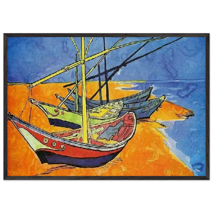 Fishing Boats on the Beach at Saintes-Maries-de-la-Mer - Vincent van Gogh 70x100 cm / 28x40 inches Framed Art Print – Black Wooden Frame