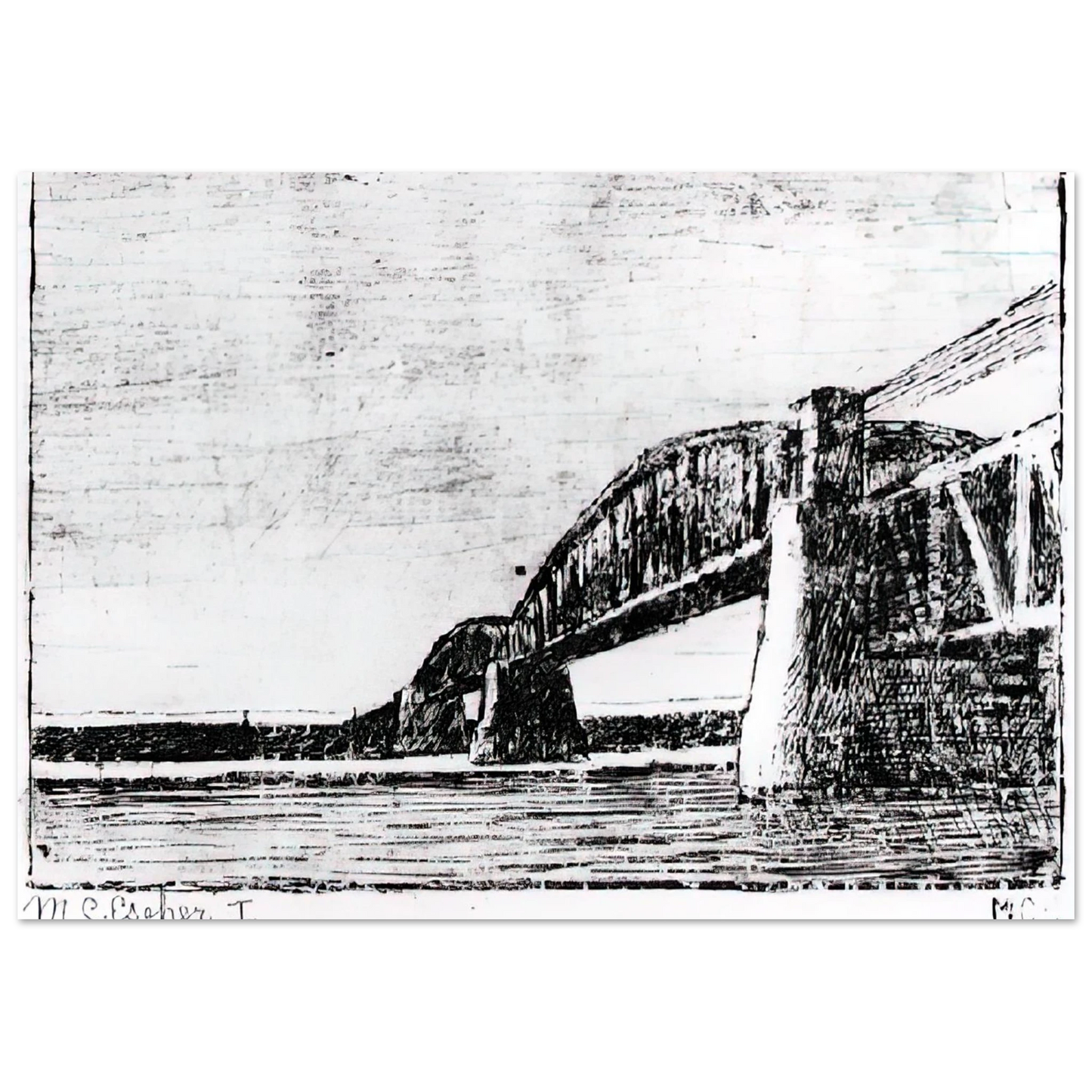 MC Escher - RAILWAY BRIDGE OOSTERBEEK Wall Art - 30x40 cm / 12x16 inches - Premium Wooden Framed Poster With Fine Art Paper - Wood frame